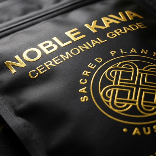 Black Vanuatu Noble Kava ceremonial grade product packet with gold lettering and Sacred Plants Australia emblem