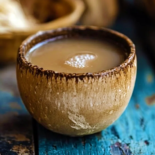 Close-up of prepared Vanuatu noble kava (Piper methysticum) in a coconut-shell cup on a weathered blue timber table