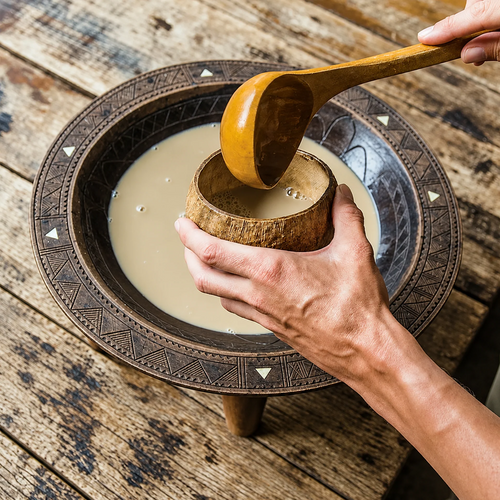 Traditional Vanuatu noble kava (Piper methysticum) being served with a wooden ladle into a coconut shell above a carved communal bowl