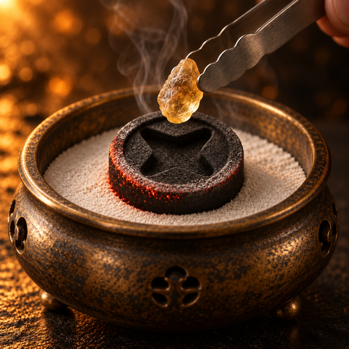 Sacred Plants Australia Premium Charcoal Disc 35 mm Easy-Light with frankincense resin held by stainless steel tongs above a brass incense censer