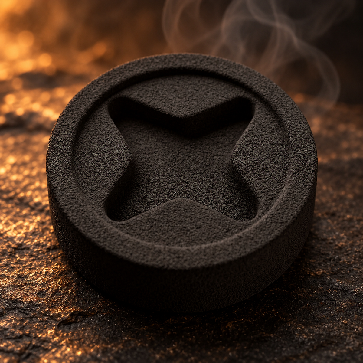 Sacred Plants Australia Premium Charcoal Disc 35 mm Easy-Light single disc on a dark warm surface with subtle smoke