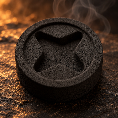 Sacred Plants Australia Premium Charcoal Disc 35 mm Easy-Light single disc on a dark warm surface with subtle smoke