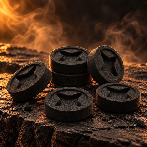 Six Sacred Plants Australia Premium Charcoal Discs 35 mm Easy-Light arranged on a dark matte surface with warm incense smoke