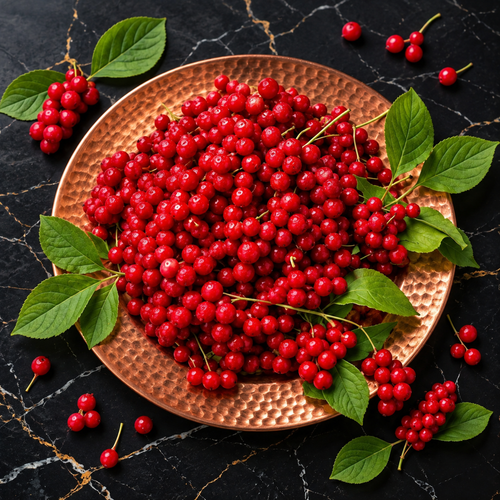 Fresh Schisandra chinensis berries with green leaves on a hammered copper plate.
