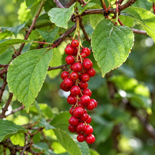 Ripe Schisandra chinensis berry cluster hanging on the vine among green leaves.