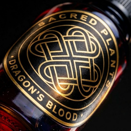 Macro photograph of Socotra Dragon's Blood resin infused oil in a cobalt-blue glass dropper bottle with a reflective gold Sacred Plants Australia label