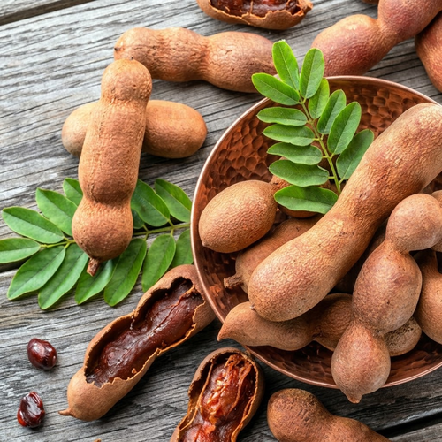 Opened tamarind pods with brown pulp and glossy seeds beside pinnate Tamarindus indica leaves