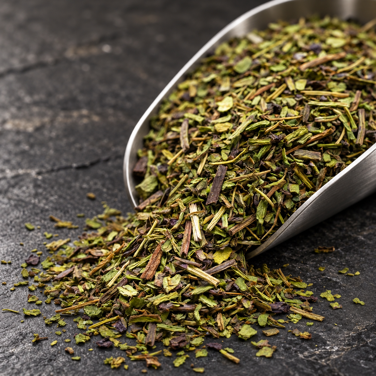 Loose dried green dandelion leaf tea spilling from a metal scoop onto a dark stone surface