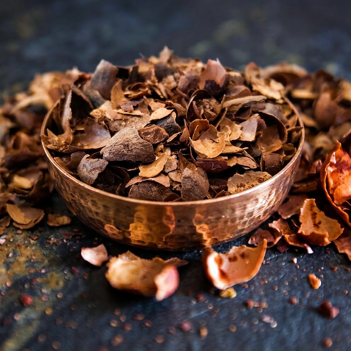 Bolivian Cacao Husk Tea Theobroma cacao dried cacao husks in a hammered copper bowl