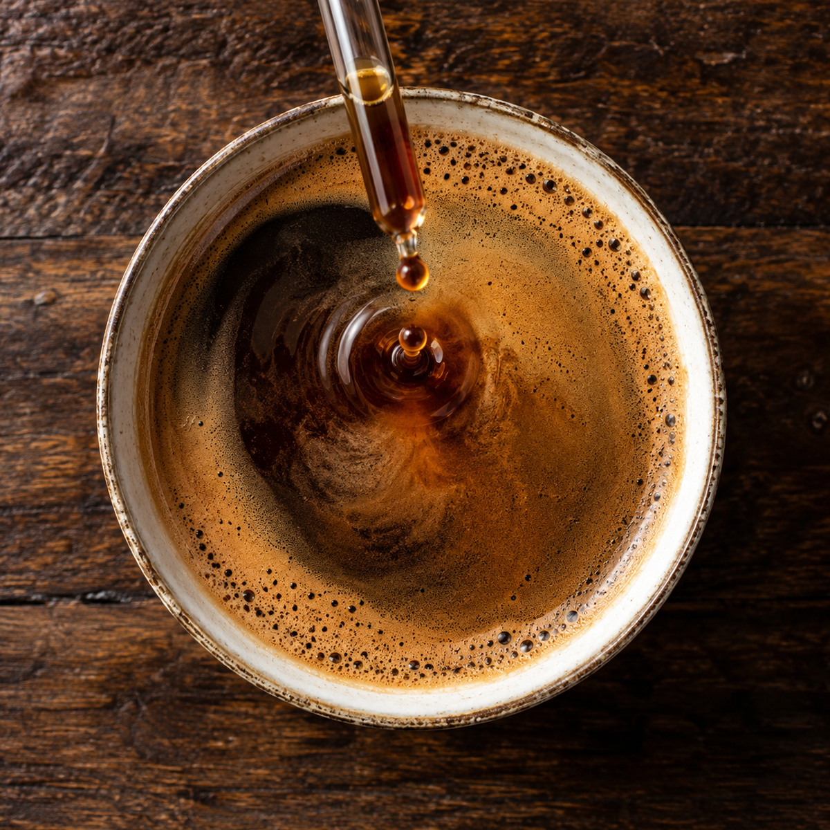Sacred Plants Australia Cacao Extract, Theobroma cacao, overhead macro photograph of a single drop of cacao extract being added to fresh espresso coffee in a ceramic cup on a rustic timber surface.