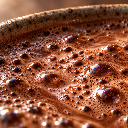 Extreme macro photograph of glossy cacao butter-rich bubbles on the frothy surface of ceremonial cacao