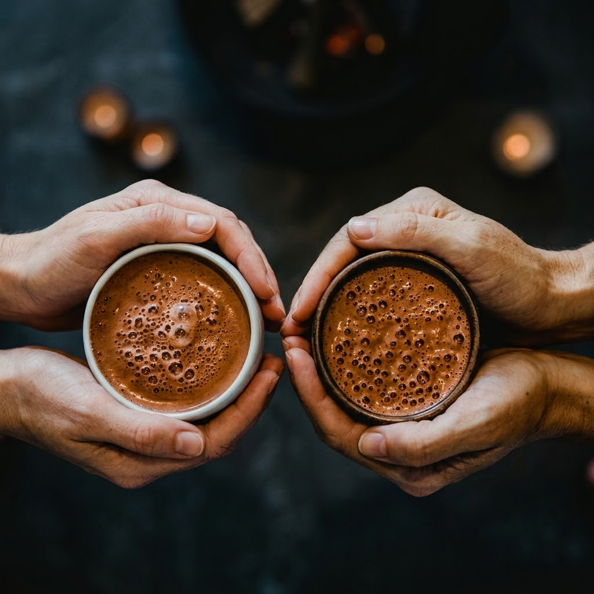 Two people holding cups of frothy ceremonial cacao against a dark background with warm candlelight