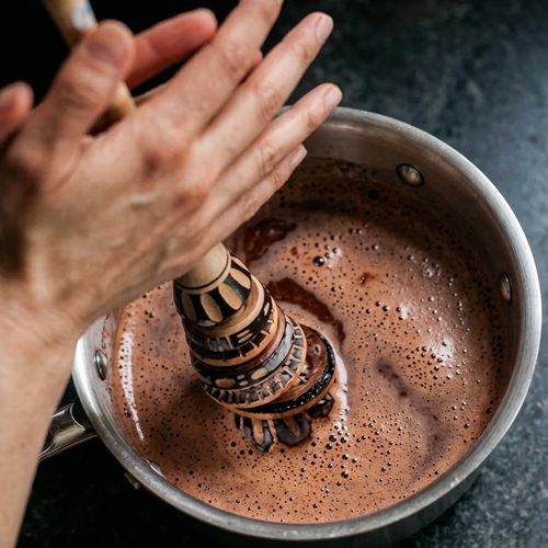 Close-up of hands whisking frothy Peruvian ceremonial cacao (Theobroma cacao) in a stainless steel saucepan