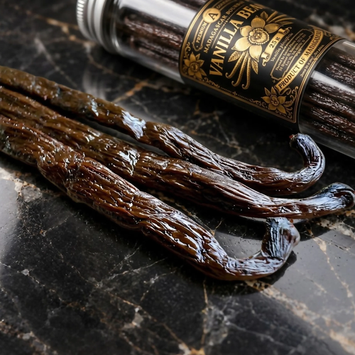 Sacred Plants Australia Madagascar Bourbon Vanilla Beans (Vanilla planifolia), glossy whole cured vanilla beans beside the black and gold labelled protective vial on dark marble