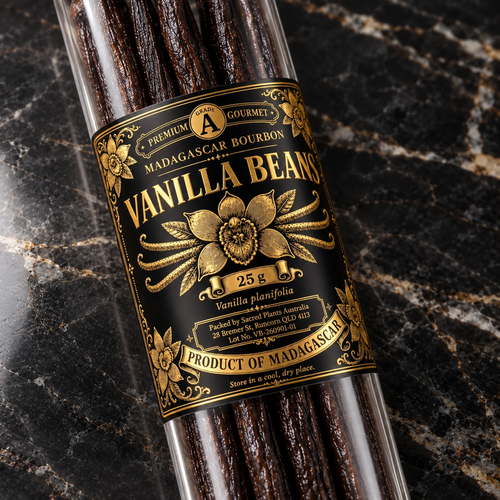 Sacred Plants Australia Madagascar Bourbon Vanilla Beans (Vanilla planifolia), protective glass vial with gold and black 25 g Grade A Gourmet Madagascar Bourbon Vanilla Beans label
