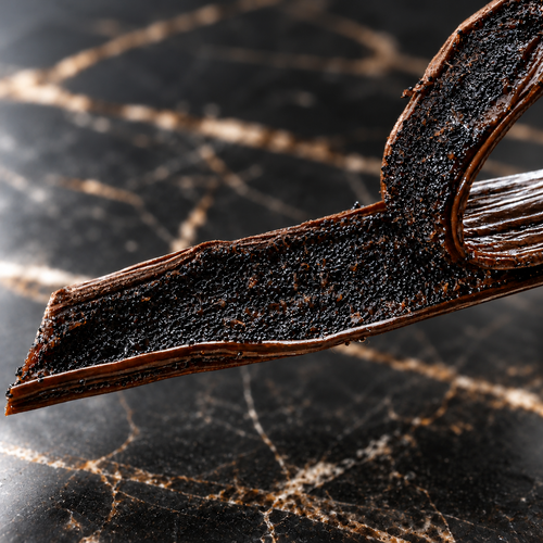 Sacred Plants Australia Madagascar Bourbon Vanilla Beans (Vanilla planifolia), dark split vanilla bean displaying glossy black vanilla caviar above softly blurred black marble