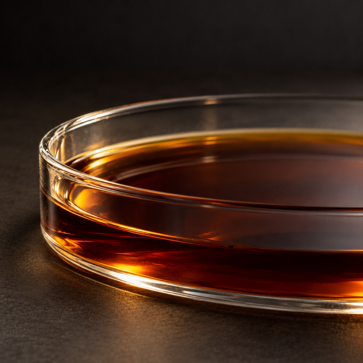 Madagascar Bourbon Vanilla Extract, extreme macro of amber vanilla extract in round glass Petri dish on matte dark surface.