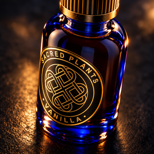 Ultra-macro product photograph of Madagascar Bourbon Vanilla Extract in a cobalt-blue 10 mL bottle with a reflective gold-foil Sacred Plants Vanilla circular label