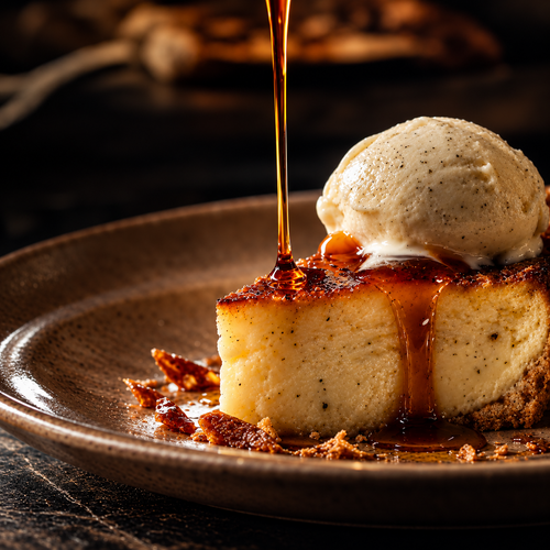 Vanilla bean dessert with a scoop of vanilla ice cream and a caramel pour, showing a culinary serving inspiration for Madagascar Bourbon Vanilla Extract.