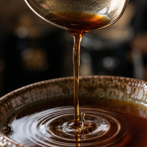 Madagascar Bourbon vanilla extract (Vanilla planifolia), close-up of amber extract pouring from a metal spoon into a ceramic bowl with ripples