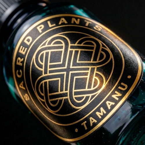 Ultra-macro of Vanuatu Tamanu Oil in a cobalt-blue glass dropper bottle with Sacred Plants Australia reflective gold-foil TAMANU label and deep green-blue oil
