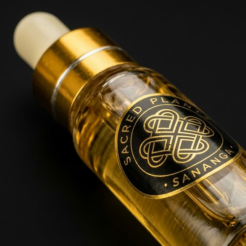 Sananga Botanical Extract diagonal gold dropper bottle with Sacred Plants Australia label against dark background