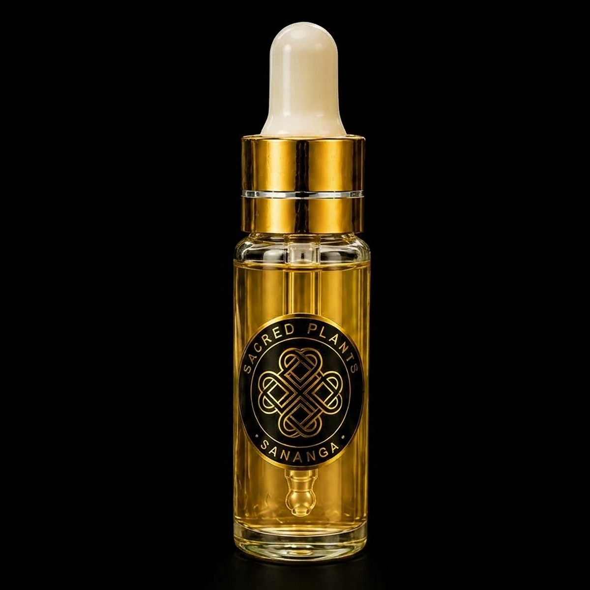 Sananga Botanical Extract gold-capped glass dropper bottle against black studio background