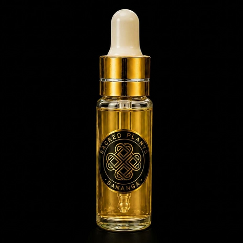 Sananga Botanical Extract gold-capped glass dropper bottle against black studio background