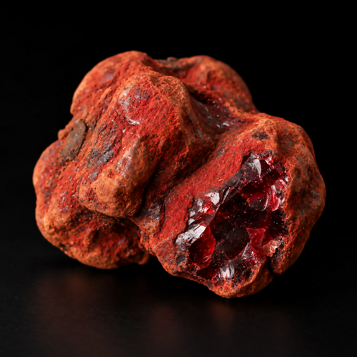 Socotra dragon’s blood resin in vivid crimson red with a glossy dark red interior against black.