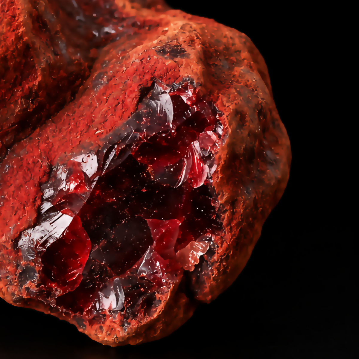 Extreme macro detail of the glossy deep red interior of Socotra dragon’s blood resin.