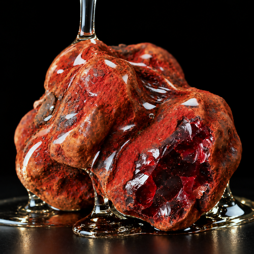 Clear MCT coconut oil pouring over a red Socotran Dragon's Blood resin specimen on a dark studio surface