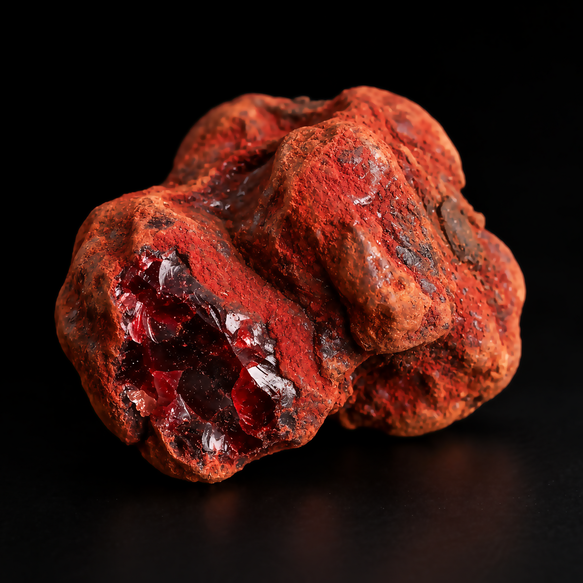 Single red Socotran Dragon's Blood resin specimen on a dark studio surface