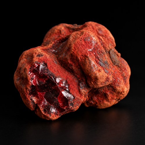 Single red Socotran Dragon's Blood resin specimen on a dark studio surface