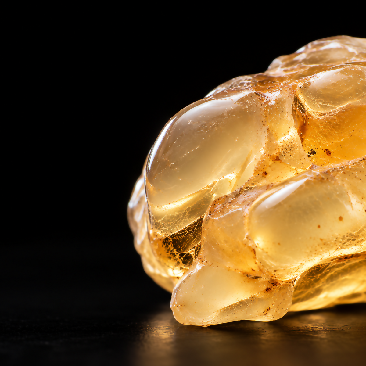 Ultra-macro view of translucent golden Somali olibanum resin on the right, with black background and smooth dark surface