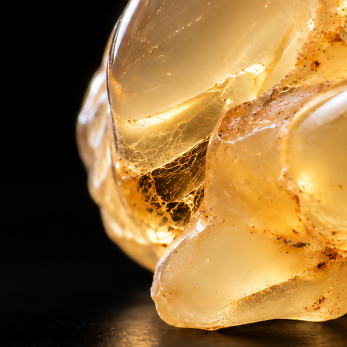 Extreme macro detail of translucent golden Somali olibanum resin showing fine internal texture.