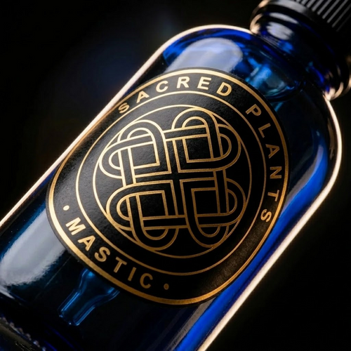 Chios Mastic Resin Infused Oil cobalt-blue glass bottle with Sacred Plants Australia metallic gold Mastic label, dramatic extreme macro on black