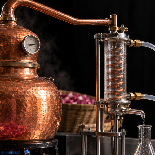 Copper steam distillation apparatus and glass condenser collecting clear Damask rose hydrosol