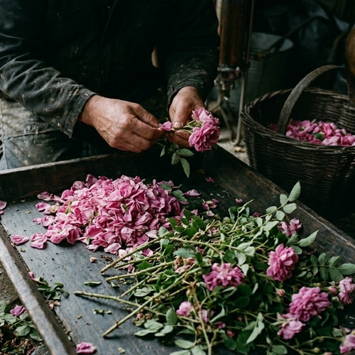 Hands processing fresh pink Damask rose blossoms on a wooden work surface with a harvest basket in the background