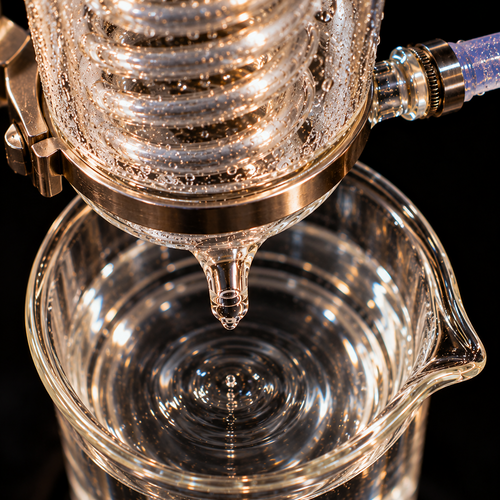 Dhofar Frankincense Essential Oil – glass condenser delivering clear liquid into a borosilicate beaker, ultra macro