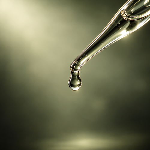 Dhofar Frankincense Essential Oil – clear pale olive-toned liquid in glass pipette with suspended droplet, macro photograph