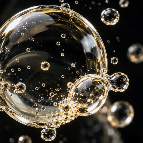 Dhofar Frankincense Essential Oil | Boswellia sacra – ultra macro composition of transparent pale-gold oil spheres against black