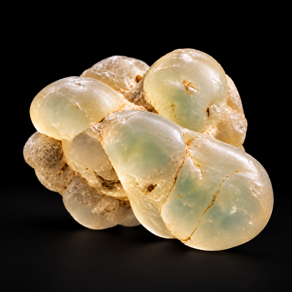 Pale translucent Dhofar frankincense resin, Boswellia sacra, arranged on a dark studio surface.
