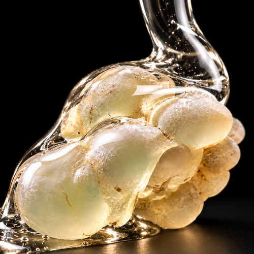 Close-up of pale golden frankincense infused oil flowing over translucent Dhofar frankincense resin.