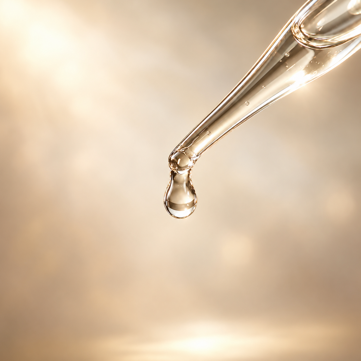 Dhofar Royal Hojari Frankincense Hydrosol | Boswellia sacra – clear hydrosol droplet suspended from a glass pipette against a soft champagne background