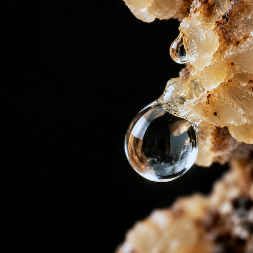 Dhofar Royal Hojari Frankincense Hydrosol | Boswellia sacra – ultra macro of clear liquid droplets beside warm translucent frankincense resin against black