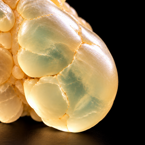 Dhofar Royal Hojari Frankincense Hydrosol | Boswellia sacra – close-up of smooth translucent green and champagne frankincense resin against black