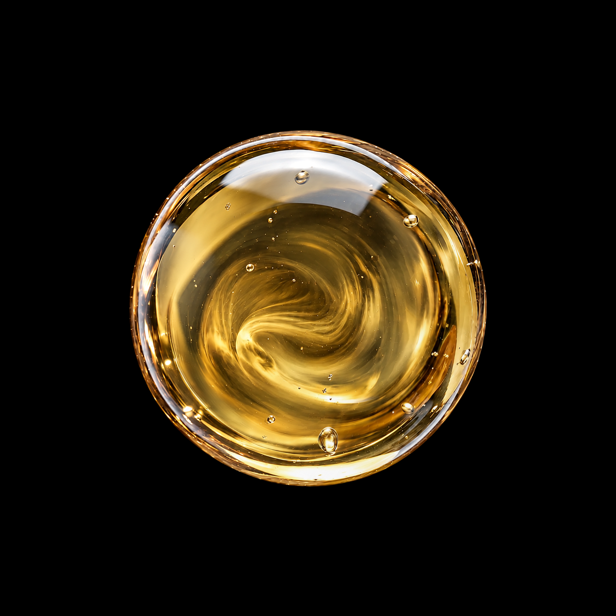 Mexican Black Copal Resin Infused Oil — golden amber oil swirl overhead macro on black
