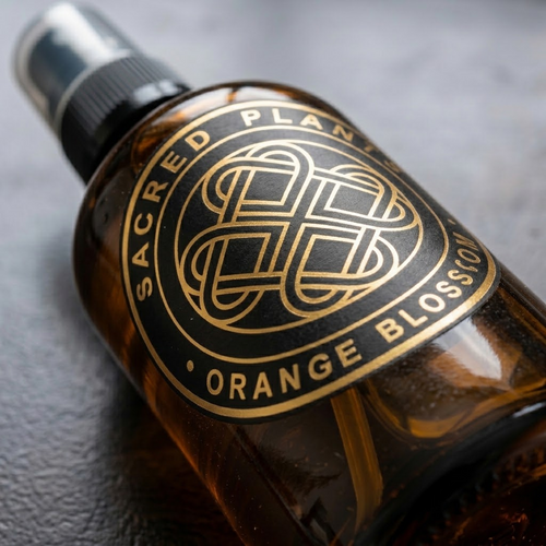Orange Blossom Hydrosol amber glass spray bottle lying diagonally, reflective gold Sacred Plants Australia foil label, macro photograph
