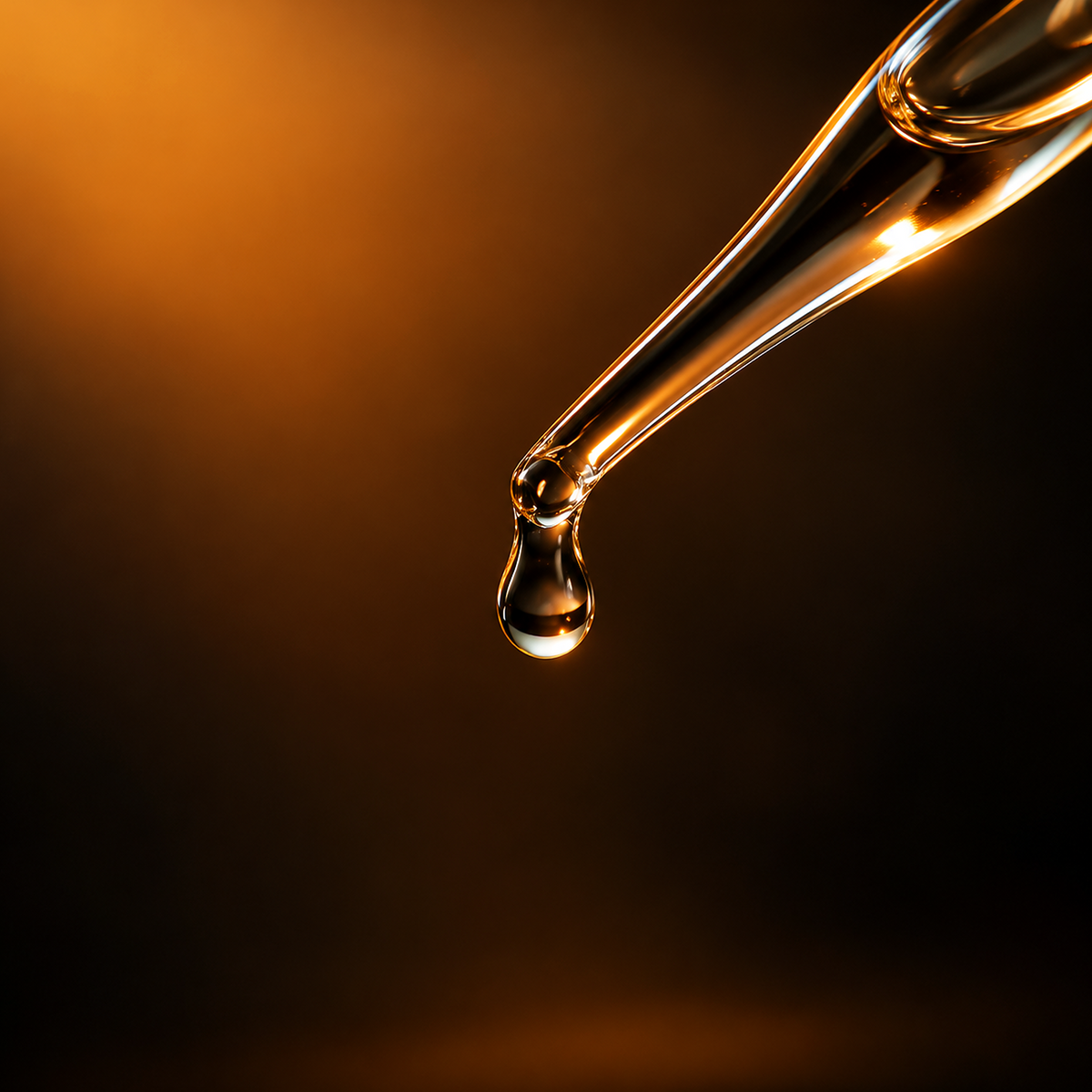 Clear orange blossom hydrosol droplet suspended from a glass pipette against a warm amber-black background