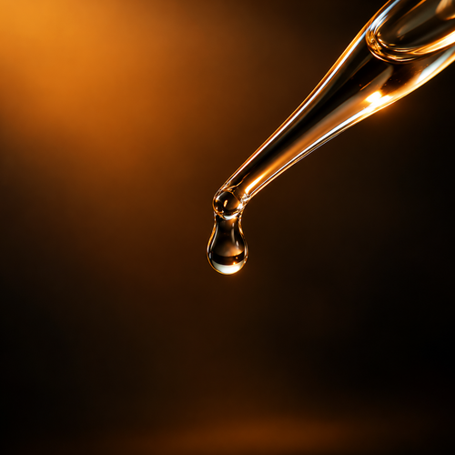 Clear orange blossom hydrosol droplet suspended from a glass pipette against a warm amber-black background